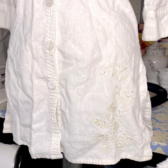 🌷 Basic One🌷 White Linen Tunic Blouse Sequin Embroidered Decoration - Picture 7 of 8